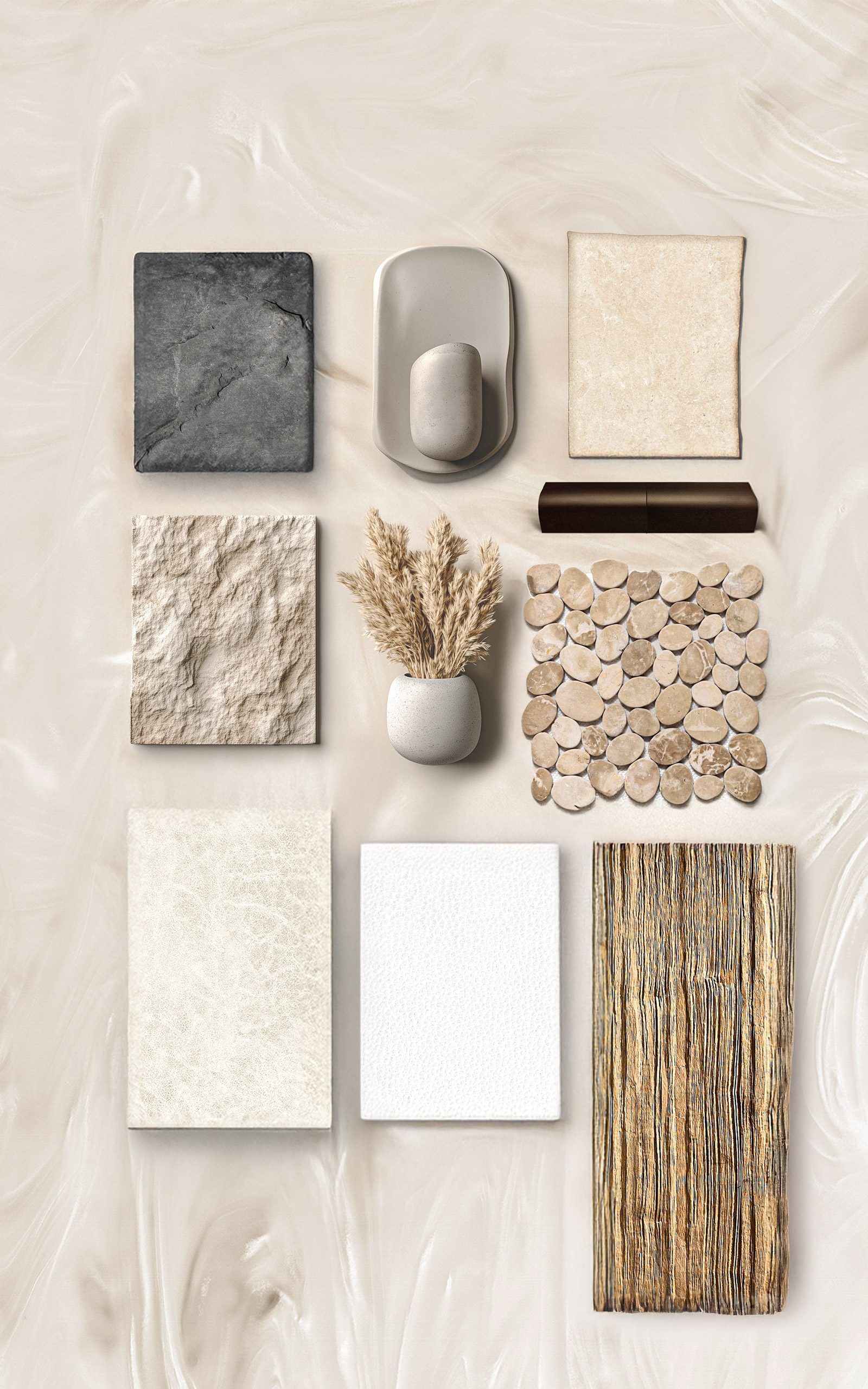 Paleta de materiales del interior de Ananya: muestras de piedra, madera y tejido