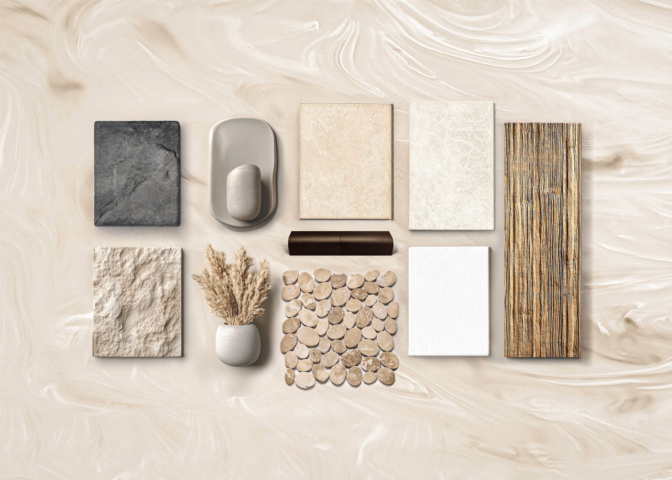 Paleta de materiales del interior de Ananya: muestras de piedra, madera y tejido