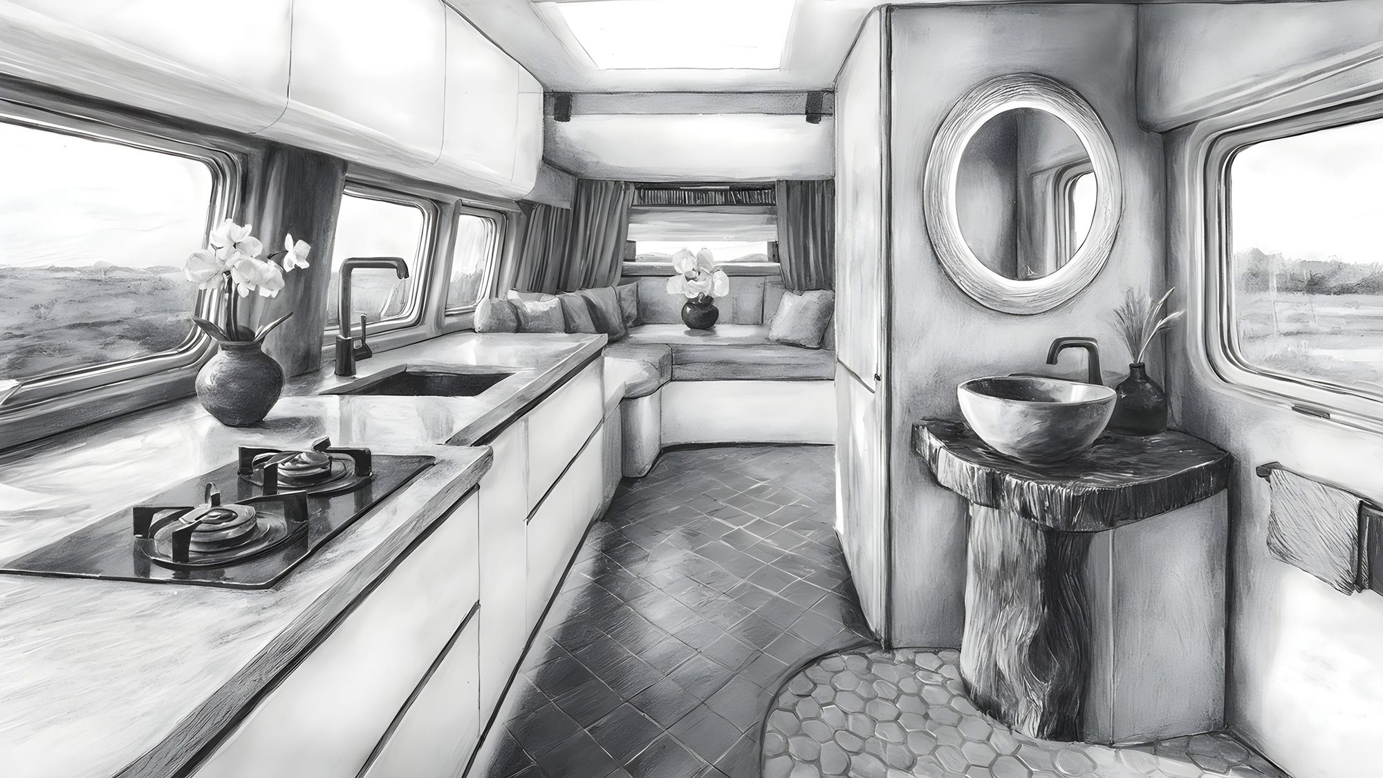 Interior de la Ananya GlamperVan con vista hacia el salón trasero